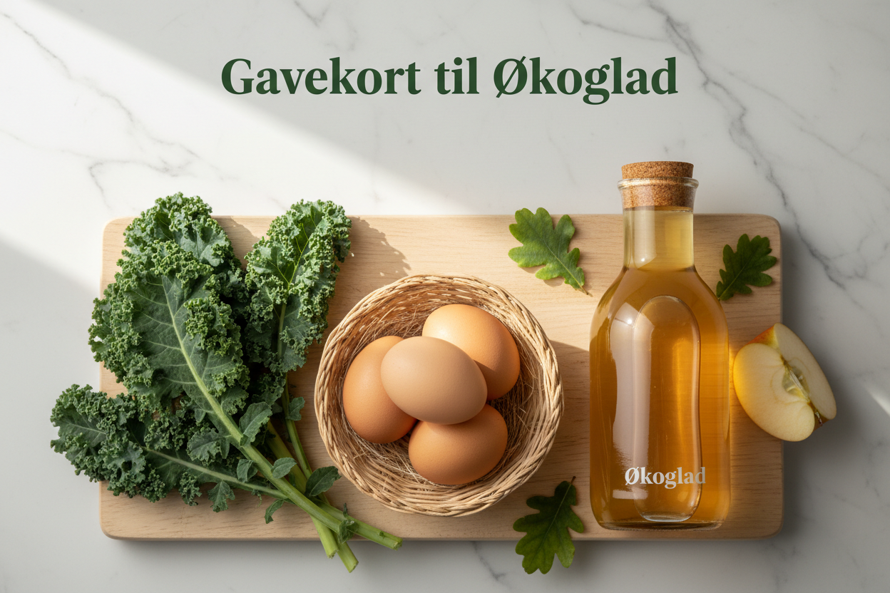 a gift card with the text Gavekort til Økoglad, that displays in a nice way the type of products Økoglad offers. For instance kale, brown eggs, fresh coldpressed apple juice, mayeb using photos of available products on the store?
